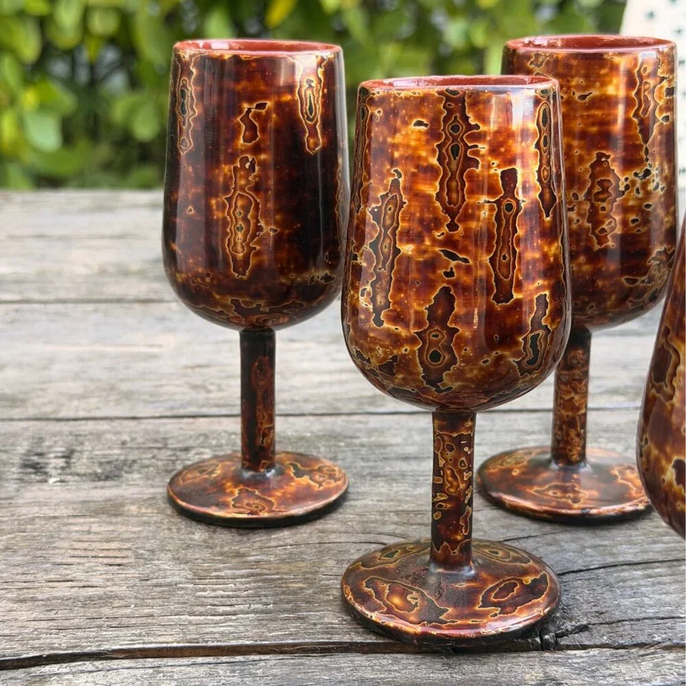 Fat Lava Vintage MCM Set 6 Brutalist Wine Glasses Volcanic Glaze Germany Pottery